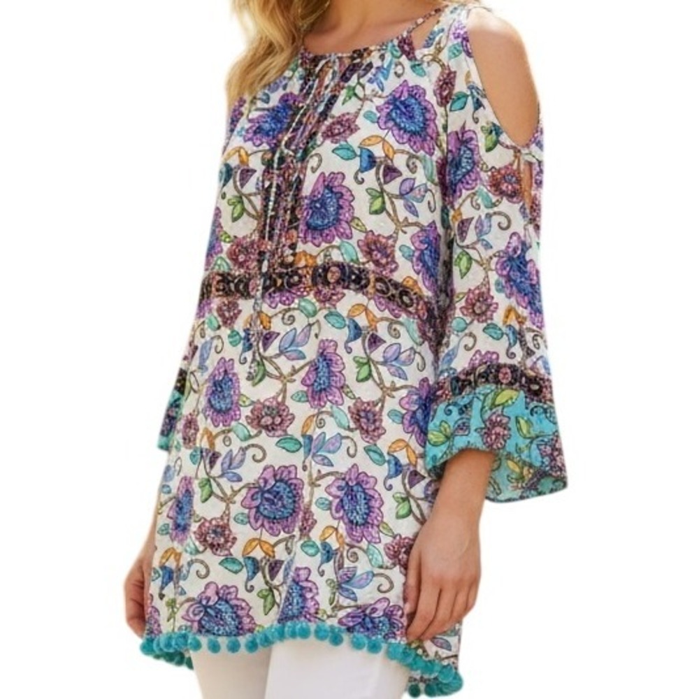 NANETTE LEPORE Rosarito  Cold Shoulder Tunic‎ Cover Up DIY Pompoms EUC  XS